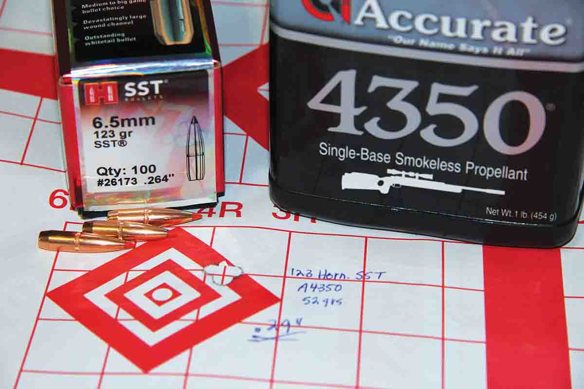 Using Hornady’s 123-grain SST and Western Powders, the best group resulted from 52 grains of Accurate 4350. This three-shot group measured .29 inch, center to center.